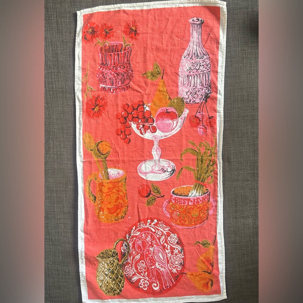 Vintage 60’s MCM Vibrant Tableware and Fruit Linen Tea Towel Wall Decor #0910255